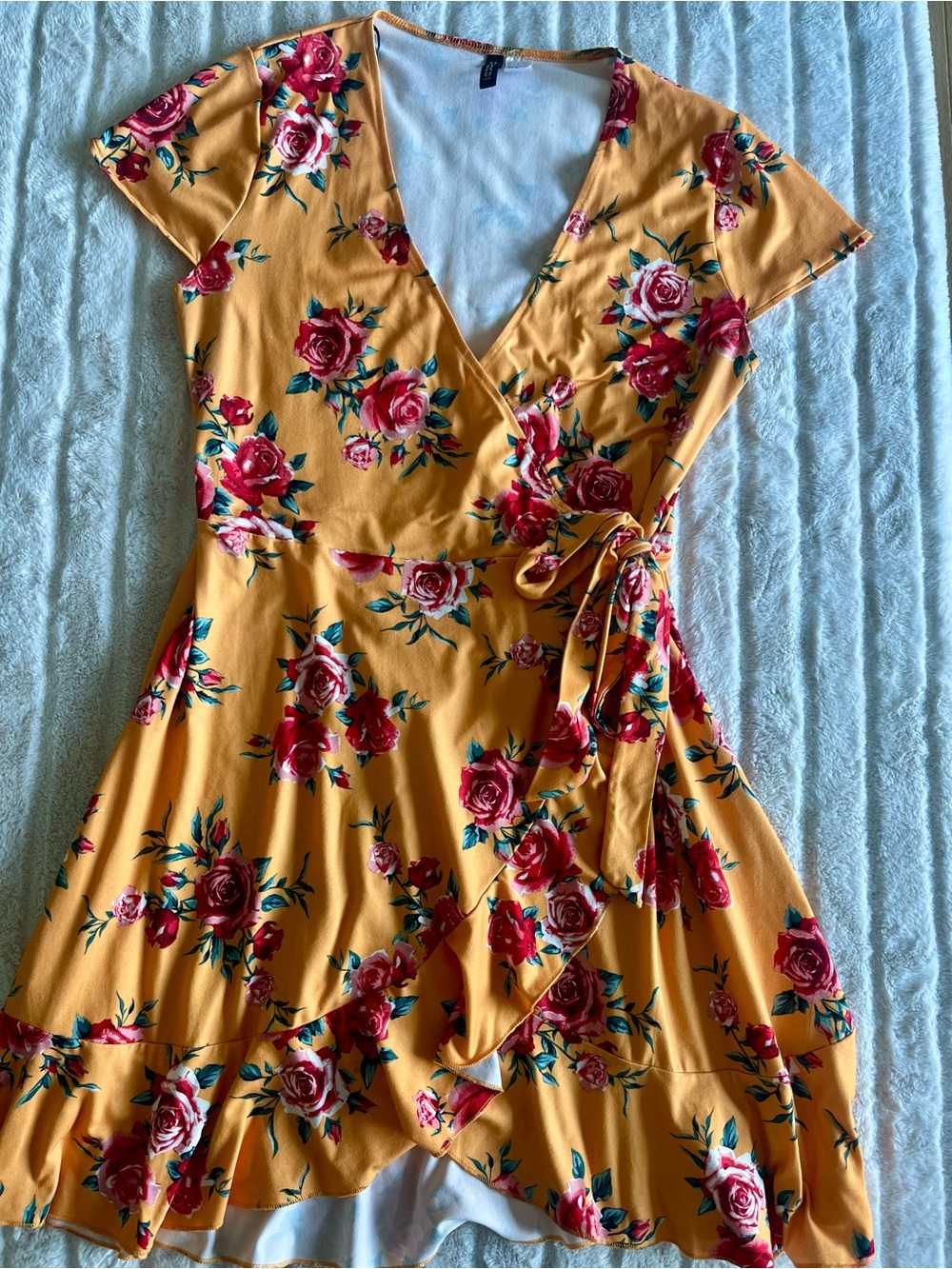 H&M Mustard Yellow Floral Cottagecore Boho Chic Wrap Ruffle Dress Sz 10 - Picture 6 of 15